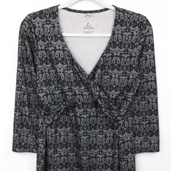 Prana Printed Twist‎ Front Faux Wrap Dress 3/4 Sleeve V-Neck Knee Length Grey S - Picture 3 of 5